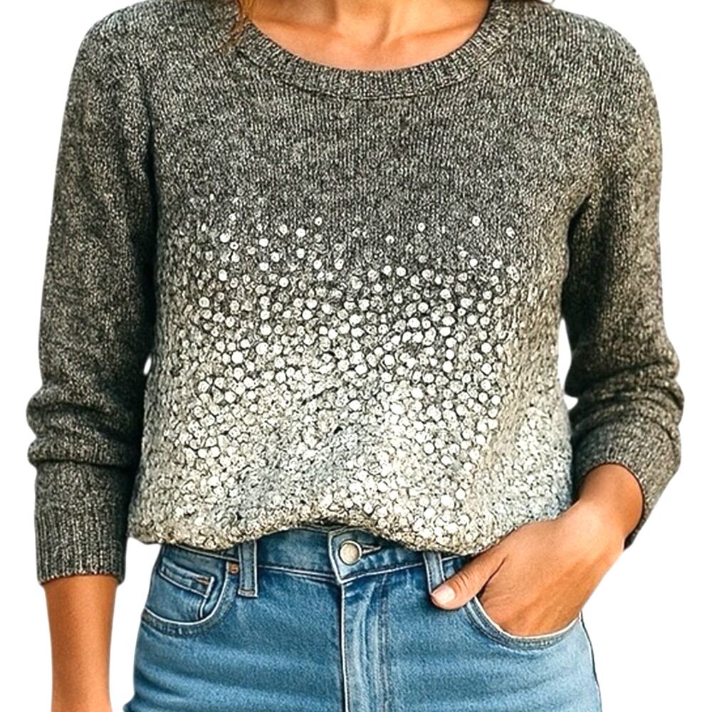 Eileen Fisher Linen Blend Marled Sequin Sweater Cropped Gray Small Quiet Luxury